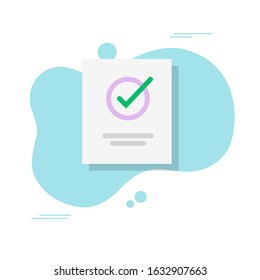 Document with check mark icon or approved doc vector flat cartoon, illustrated line outline art tick or checkmark on paper sheet as success contract or agreement, completed verified file inspection