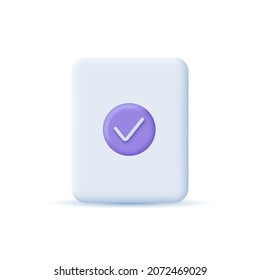 Icono de marca de verificación del documento. Archivo, portapapeles, lista de verificación, Empresa. concepto de diseño 3D. Ilustración del vector