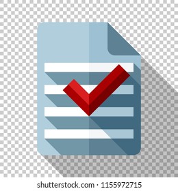 Document and check mark icon in flat style with long shadow on transparent background
