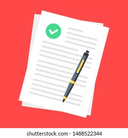 Document with check mark and pen. Agreement, business contract, application form, accept deal, legal document concepts. Top view. Modern flat design. Vector illustration