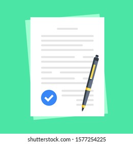 Document with check mark and pen. Agreement, contract, compliance, quality control, report concepts. Paper and checkmark. Flat design. Vector illustration
