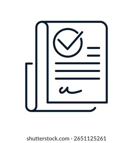 Documento, marca de seleção, assinatura. Ícone linear de vetor isolado no plano de fundo branco.