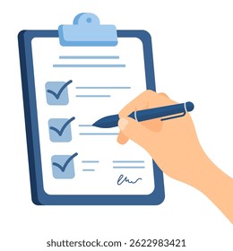 Document with check marks and pen writing. Vector document signing illustration.