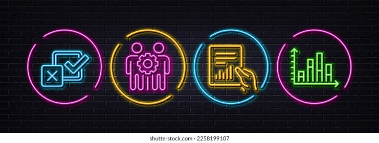 Document, Checkbox and Employees teamwork minimal line icons. Neon laser 3d lights. Diagram graph icons. For web, application, printing. File with diagram, Survey choice, Collaboration. Vector