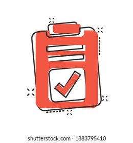 Document checkbox icon in comic style. Test cartoon vector illustration on white isolated background. Contract splash effect business concept.