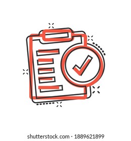 Document checkbox icon in comic style. Test cartoon vector illustration on white isolated background. Contract splash effect business concept.