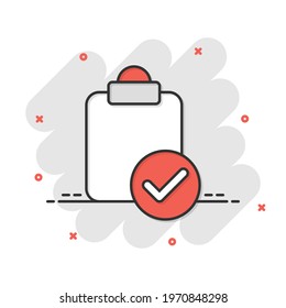Document checkbox icon in comic style. Test cartoon vector illustration on white isolated background. Contract splash effect business concept.