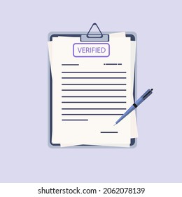 Document checked in clipboard. Accepted business report, resume or checklist with a stamp. Valid and confirmed agreement, research. Plan, survey, task, test and result on a paper page. Vector