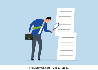 Document checking, businessman manager with big magnifying glass, checking document paper.
