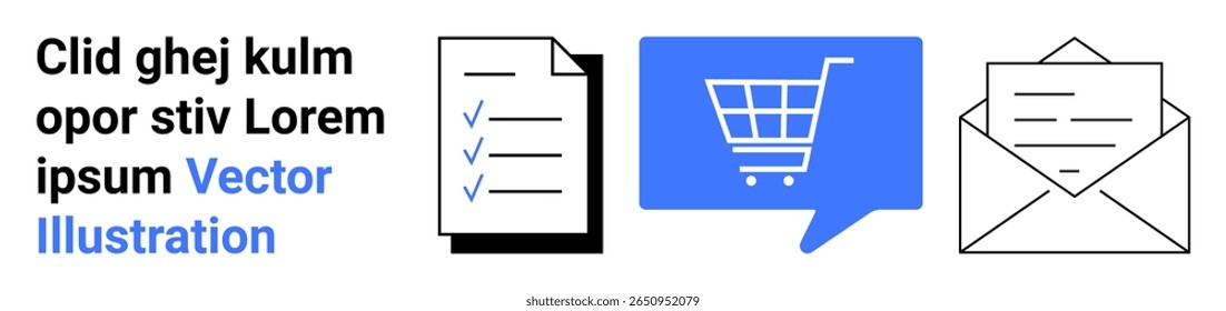 Document checklist, blue shopping cart inside chat bubble, and open letter envelope. Ideal for online shopping, document management, communication, completing tasks, ecommerce businesses, digital