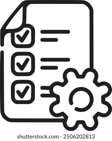 Document with checklist and gear. Document with checklist and gear icon representing task management, workflow optimization, and business processes. EPS