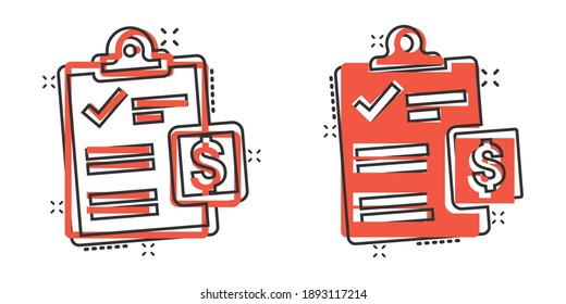 Document checklist icon in comic style. Report cartoon vector illustration on white isolated background. Paper sheet splash effect business concept.