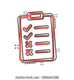 Document checklist icon in comic style. Report cartoon vector illustration on white isolated background. Paper sheet splash effect business concept.