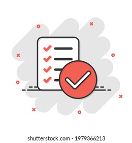 Icono de lista de verificación de documentos con estilo de cómic. Reportar ilustración vectorial de dibujos animados sobre fondo aislado blanco. Concepto de negocio de efecto de salpicadura de hojas de papel.