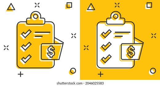 Document checklist icon in comic style. Report cartoon vector illustration on white isolated background. Paper sheet splash effect business concept.