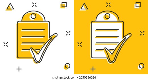 Document checklist icon in comic style. Report cartoon vector illustration on white isolated background. Paper sheet splash effect business concept.