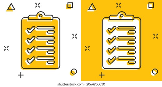 Icono de lista de verificación de documentos con estilo de cómic. Reportar ilustración vectorial de dibujos animados sobre fondo aislado blanco. Concepto de negocio de efecto de salpicadura de hojas de papel.