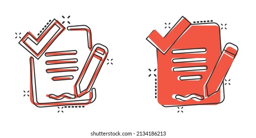 Document checklist icon in comic style. Report cartoon vector illustration on white isolated background. Paper sheet splash effect business concept.