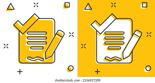 Document checklist icon in comic style. Report cartoon vector illustration on white isolated background. Paper sheet splash effect business concept.