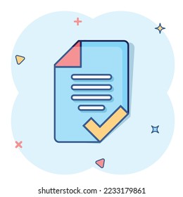 Document checklist icon in comic style. Report cartoon vector illustration on white isolated background. Paper sheet splash effect business concept.