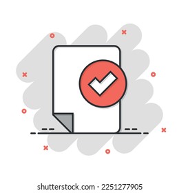 Document checklist icon in comic style. Report cartoon vector illustration on white isolated background. Paper sheet splash effect business concept.