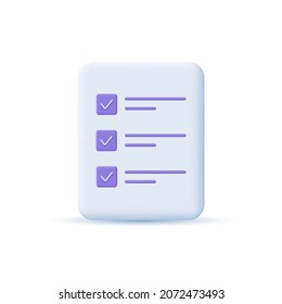 Icono de lista de verificación de documentos. Archivo, portapapeles, lista de verificación, negocio, oficina, finanzas, trabajo. concepto de diseño 3D. Ilustración del vector