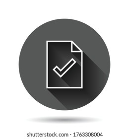 Document checklist icon in flat style. Report vector illustration on black round background with long shadow effect. Paper sheet circle button business concept.