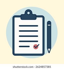 Document checklist pen against pale yellow backdrop flat design illustration