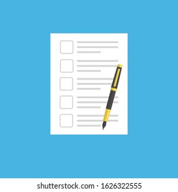 document or checklist and pen. stock vector illustration in flat style isolated on blue background.10 eps