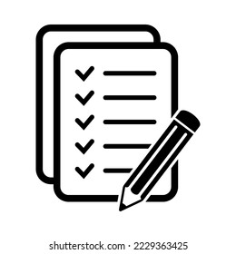 Document, checklist and pencil vector icon, list icon. Black illustration isolated on white background for graphic and web design.
