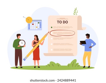 Document with checklist of tasks for business process organization, to do list. Tiny people with pencil highlight list item in personal daily planner on paper sheet cartoon vector illustration