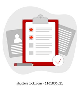 Document checklist for Visa application Canada with medical documentation. Concept of canadian insurance and health care or document immigration form for newcomers. Red maple leaf and photo ID card