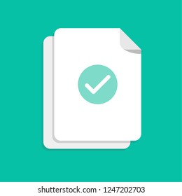 Document and checkmark. Concept or correct form or agreement. Flat cartoon paper doc page with