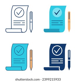 Document with checkmark icon set in flat and line style. Warranty, contract or agreement symbol. Vector illustration