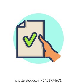 Document with checkmark line icon. Hand, paper, approval outline sign. Check marks and business concept. Vector illustration symbol element for web design and apps