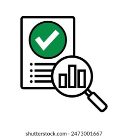 Documento con marca de verificación y lupa, informe de datos financieros e icono de análisis Vector