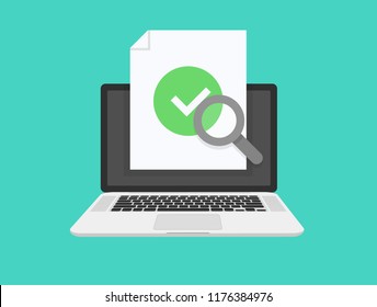 Document and checkmark. Paper doc page with approved tick sign, folded sheet with success or passed verification data. Vector illustaration.