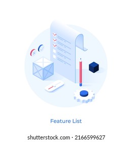 Document With Checkmarks Or Checklist And Pencil. Concept Of List Of Features Of Software Product, Settings Menu Of Program Or Application. Modern Vector Illustration In Isometric Style For Banner.