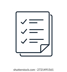 Document, checkmarks. Concept of resume, survey, list. Vector linear icon isolated on white background.
