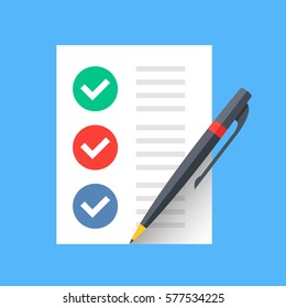 Document with checkmarks and pen. Checklist, survey, completed tasks, to-do list concepts. Modern flat design vector icon.