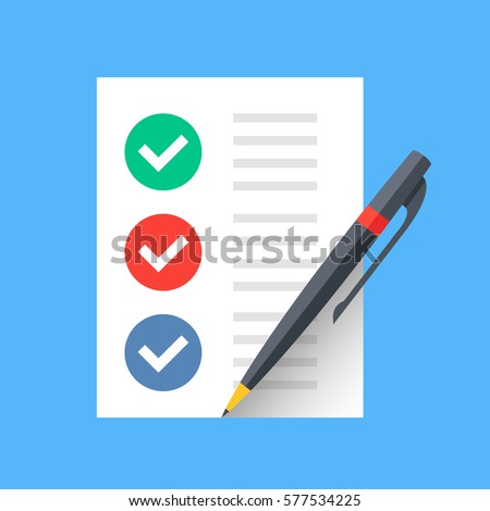 Document with checkmarks and pen. Checklist, survey, completed tasks, to-do list concepts. Modern flat design vector icon.