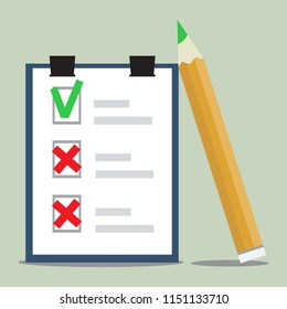 Document with checkmarks and pencil. Checklist, survey, completed tasks, to-do list concepts. Flat design, vector.
