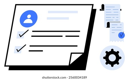 A document with checkmarks, a user profile icon, and settings gear. Ideal for productivity, task management, organization, workflow planning, and project management concepts. Simple modern style