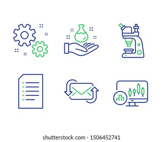 Document, Chemistry lab and Refresh mail line icons set. Work, Microscope and Candlestick chart signs. Information file, Laboratory, New e-mail. Settings. Education set. Vector