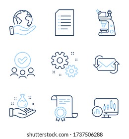 Document, Chemistry lab and Refresh mail line icons set. Diploma certificate, save planet, group of people. Work, Microscope and Candlestick chart signs. Vector