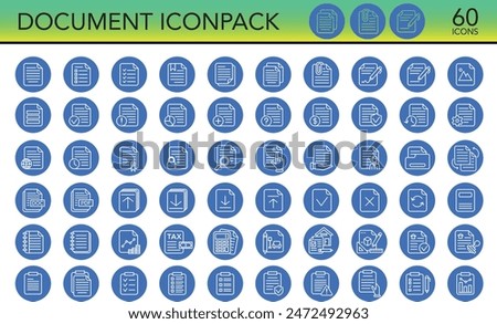 Document circle icon set. Checklist, report, web documentation, document, contract, real estate document. Vector linear document icon set. Documents icon pack. Circle icons pack.