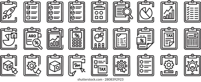 Document Clipboard Icon Set with Graphs, Checkmarks, Calculator, Magnifier, Pie Chart, and Tax Symbol Illustrations