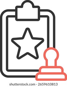 Icono de símbolo de Portapapeles de documento con estrella y sello, que comunica el concepto de revisión de la Aprobación de la policía o las autoridades en asuntos legales