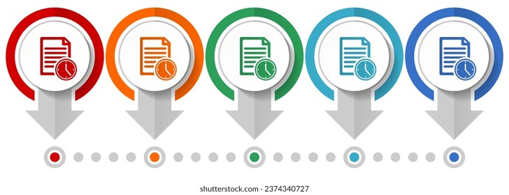 Document with clock, deadline vector icon set, flat design infographic template, set pointer concept icons in 5 color options for webdesign and mobile applications