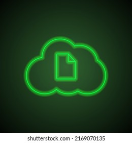 Document, cloud simple icon vector. Flat design. Green neon on black background with green light.ai